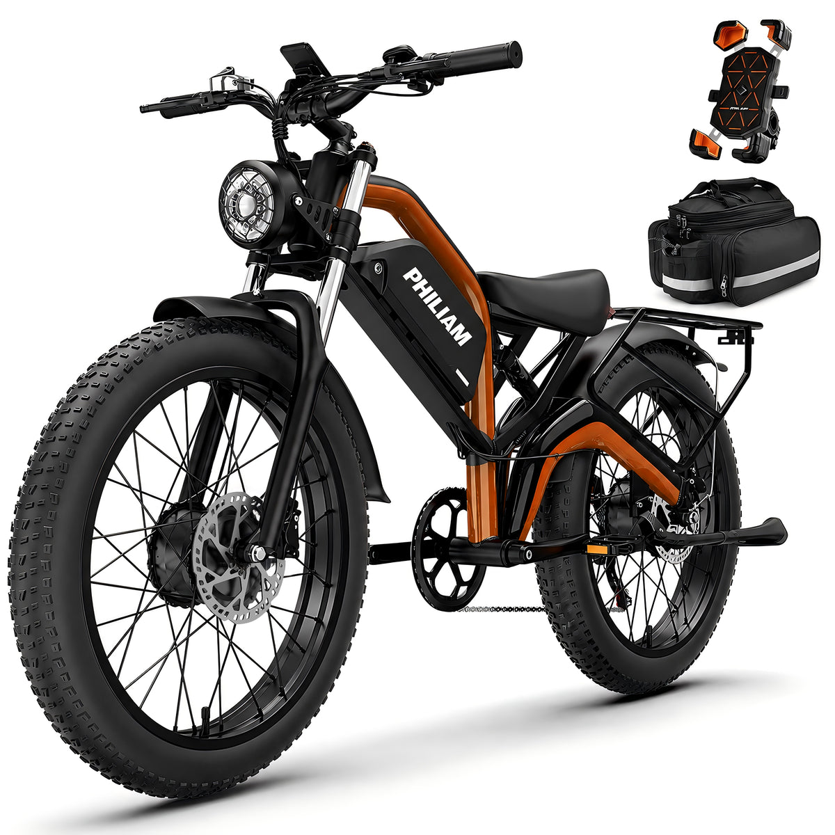 Philiam FX1 52V 32/23AH Battery, 5000W/3000W Peak Dual Motor 26”Fat Tire Full Suspension E-Bike (US)