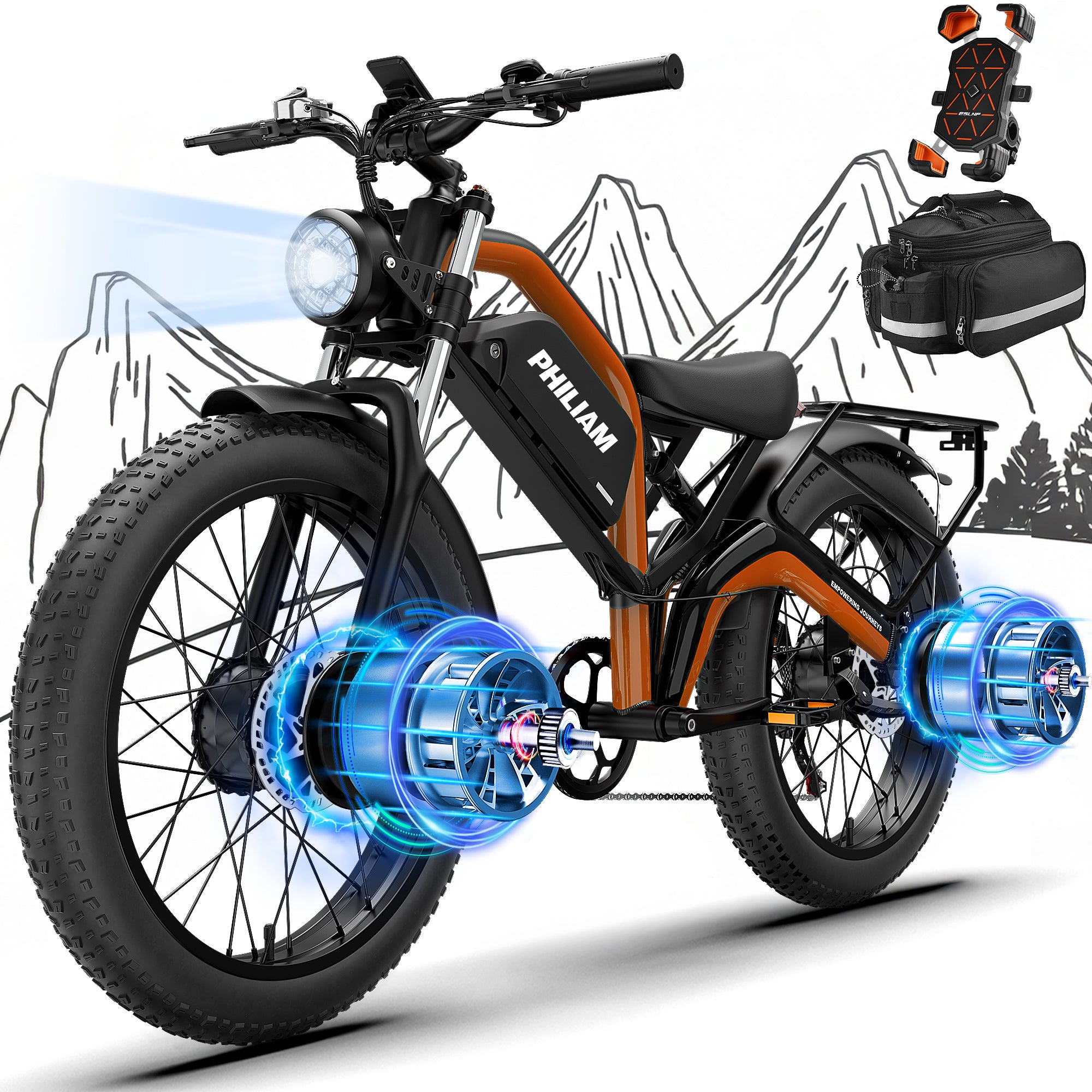 Philiam FX1 52V 32/23AH Battery, 5000W/3000W Peak Dual Motor 26”Fat Tire Full Suspension E-Bike (US) Orange / 5000W / 52V 32AH