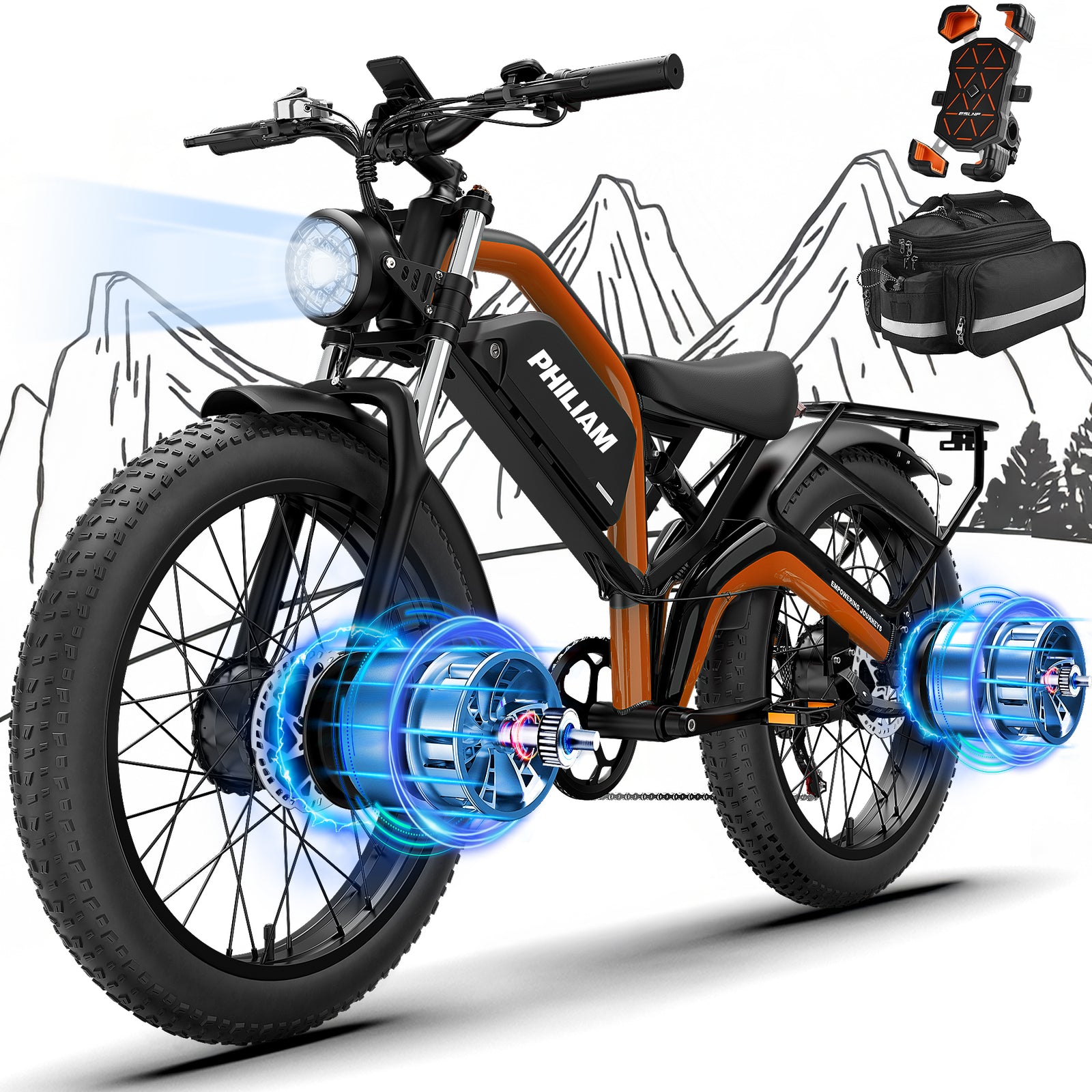 Philiam FX1 52V 32/23AH Battery, 5000W/3000W Peak Dual Motor 26”Fat Tire Full Suspension E-Bike (US)