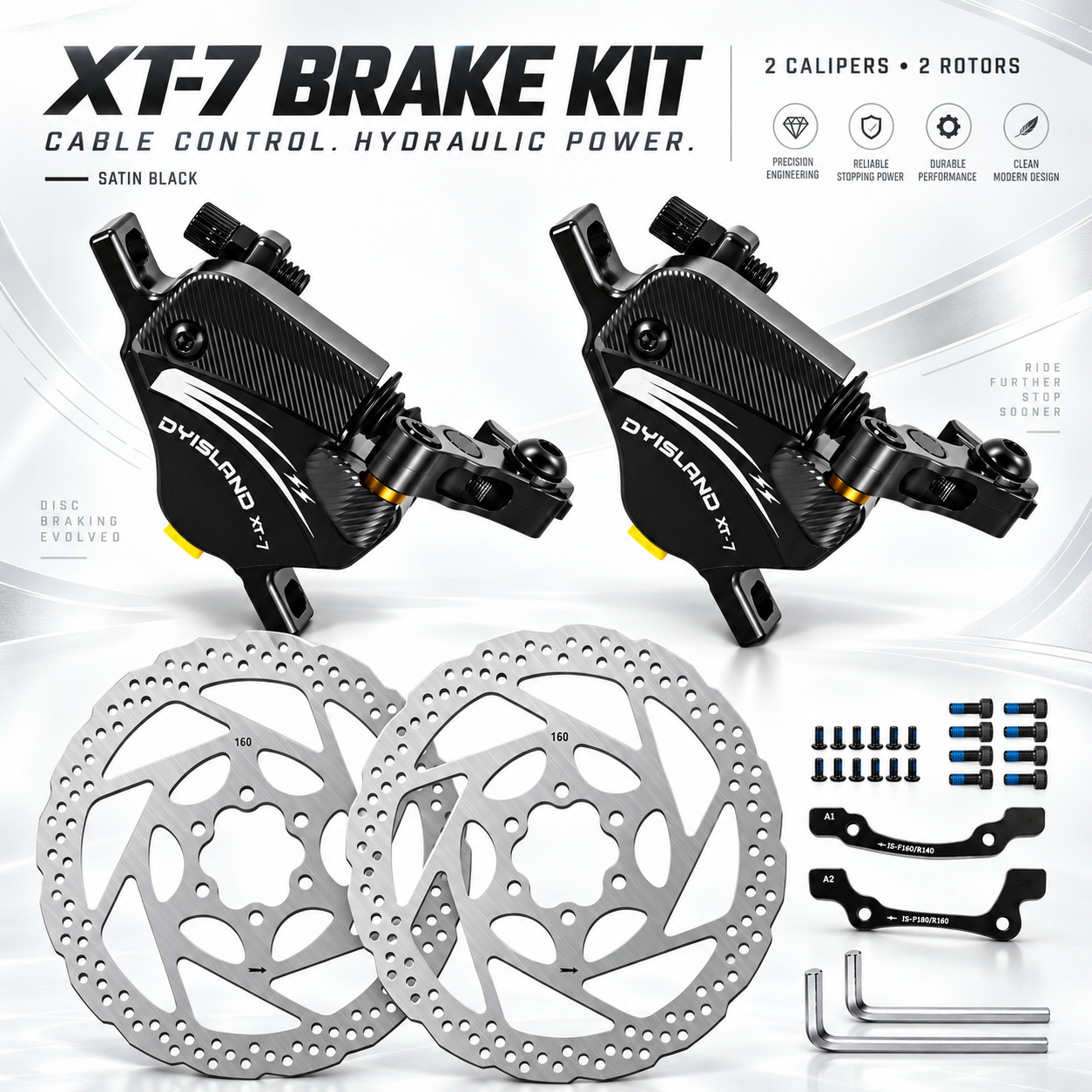 DYISLAND XT-7 Hydraulic Disc Brakes Calipers,Line Pulling/Cable Actuated Front & Rear Brake Calipers for MTB/Mountain Bike/E-Bike.