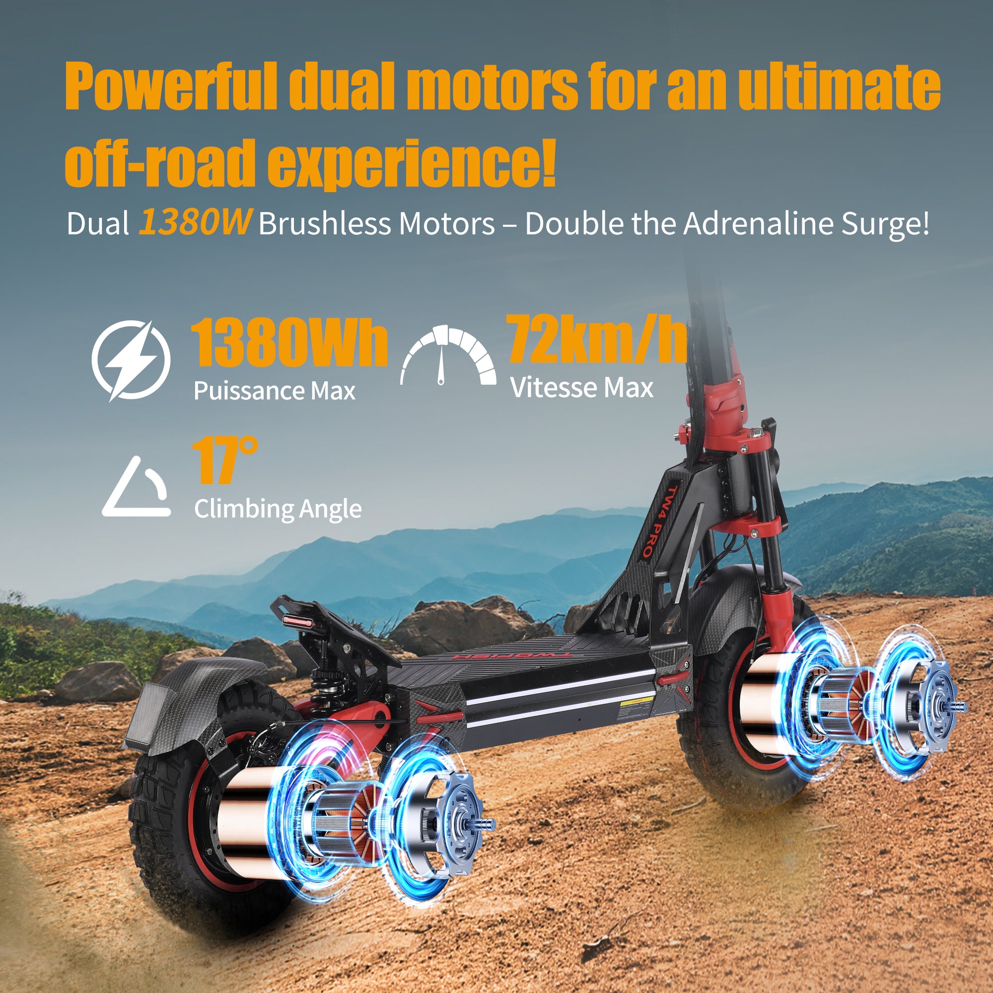TWOFISH TW4 PRO Electric Scooter – Dual 1000W Motors, 72km/h Top Speed, 60km Range, NFC Unlock, Dual Suspension & Disc Brakes（EU）