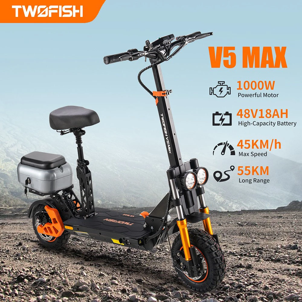 TWOFISH V5 MAX Electric Scooter with Seat – 800W Motor, 45km/h Top Speed, 45km Range, Dual Suspension & Disc Brakes（EU）