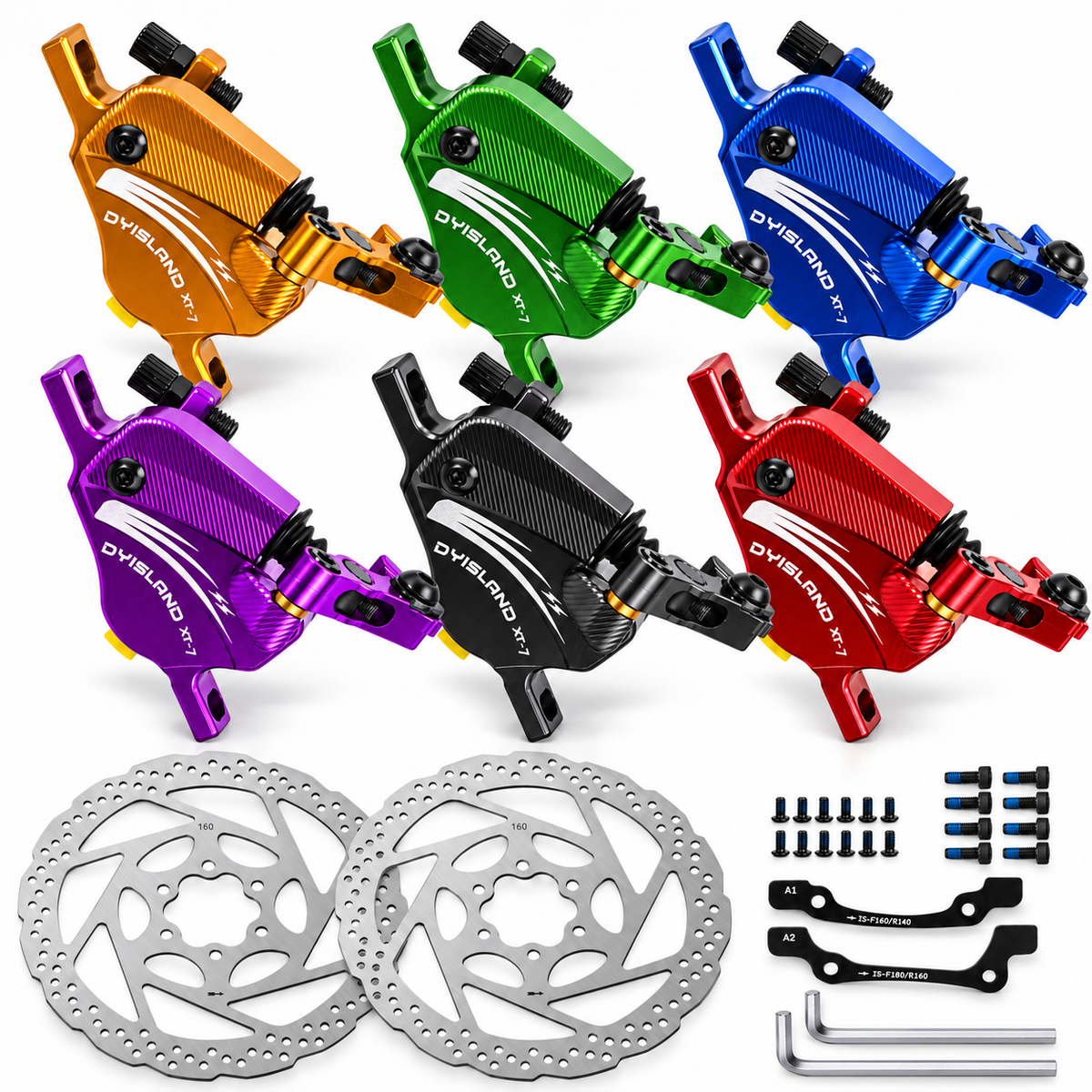 DYISLAND XT-7 Cable-Actuated Hydraulic Disc Brake Caliper Set with 160mm Rotors for MTB/Mountain Bike/E-Bike.