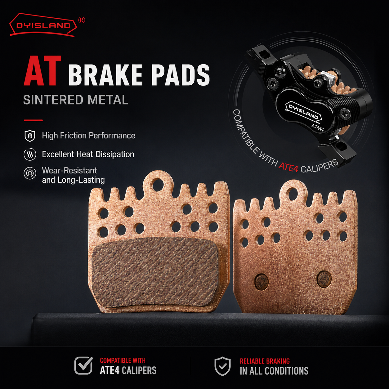 DYISLAND AT Sintered Metal Brake Pads 2 Pairs — Custom-Designed for ATE4 4-Piston E-Bike Brakes