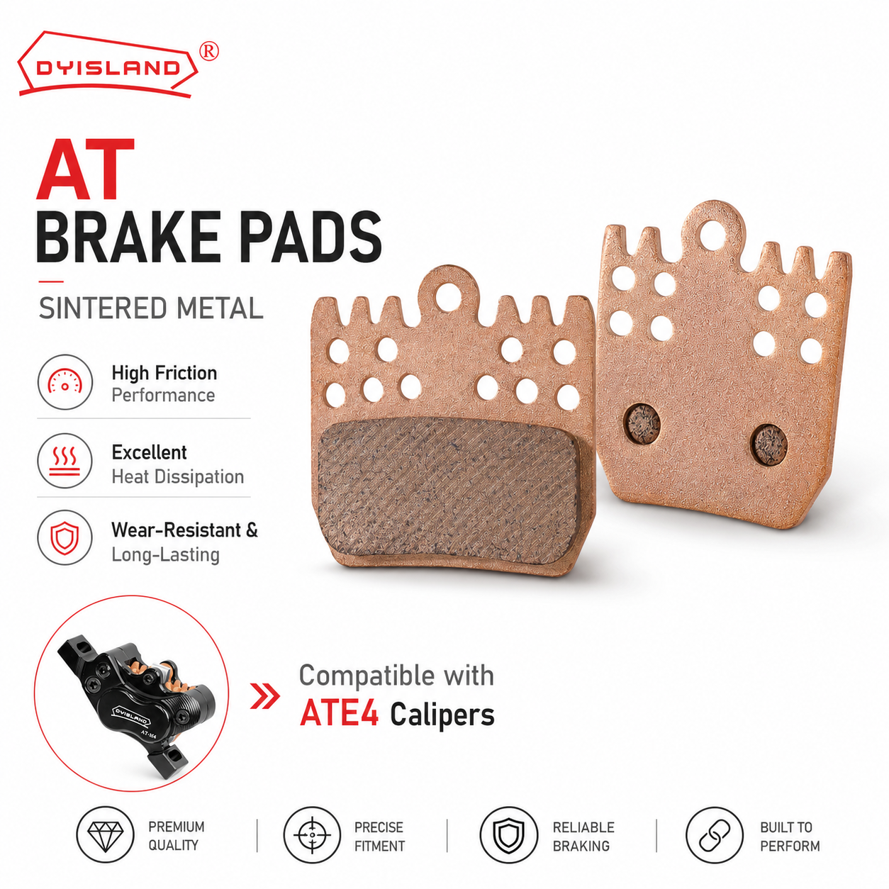 DYISLAND AT Sintered Metal Brake Pads 2 Pairs — Custom-Designed for ATE4 4-Piston E-Bike Brakes