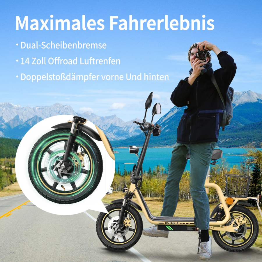 WOFISH M5 Elite-E Electric Scooter with Seat & Rear Basket – EEC Certified, 500W Motor, 40km/h Speed, 30km Range, Dual Suspension(EU)