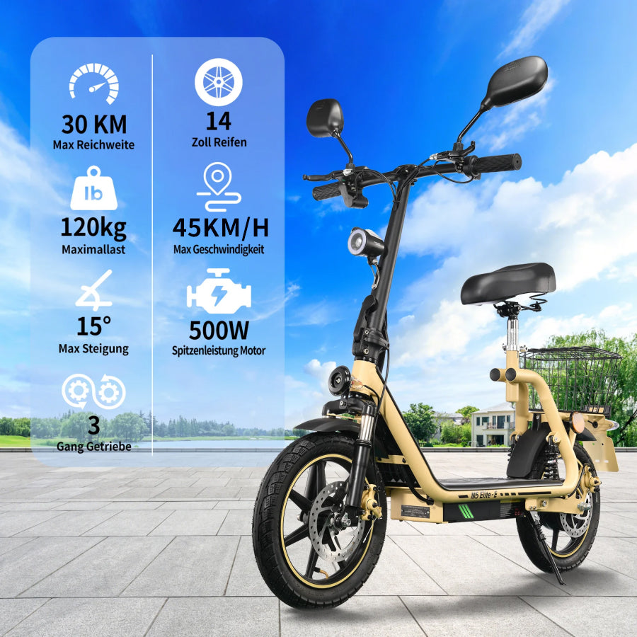 WOFISH M5 Elite-E Electric Scooter with Seat & Rear Basket – EEC Certified, 500W Motor, 40km/h Speed, 30km Range, Dual Suspension(EU)