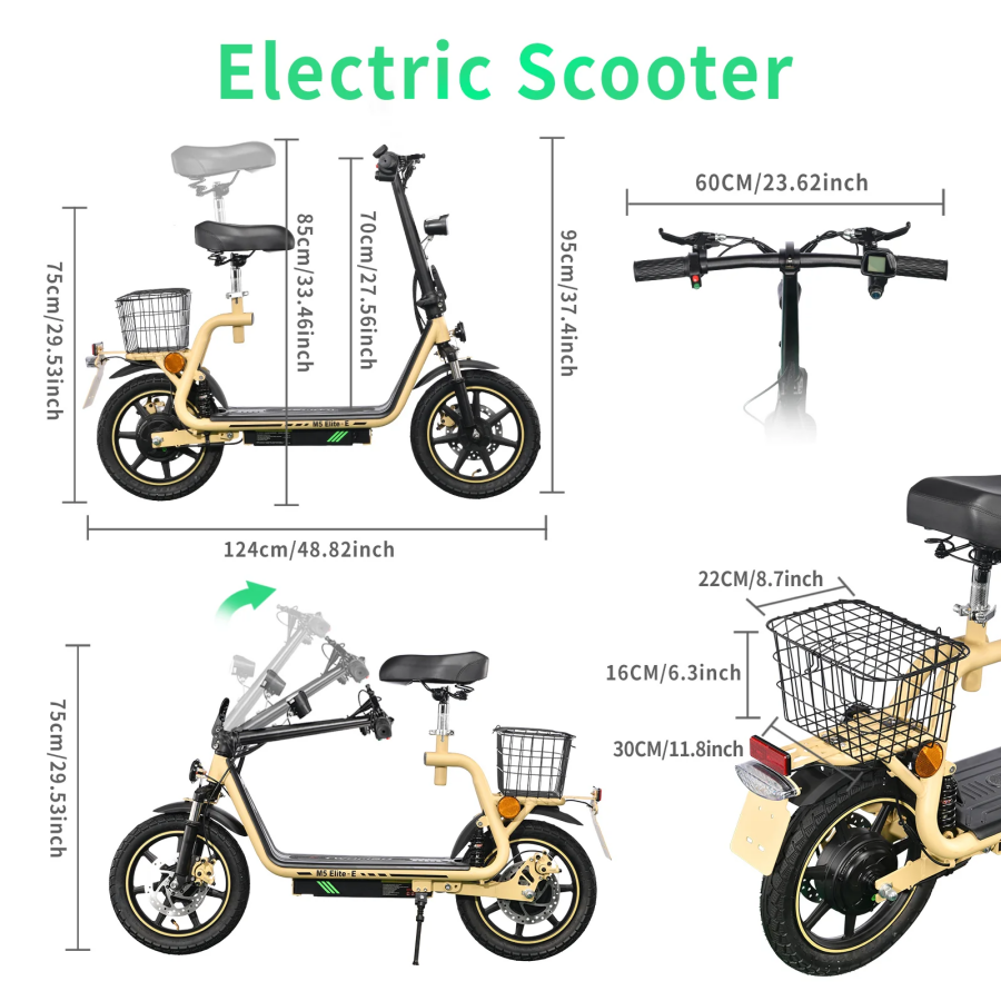WOFISH M5 Elite-E Electric Scooter with Seat & Rear Basket – EEC Certified, 500W Motor, 40km/h Speed, 30km Range, Dual Suspension(EU)