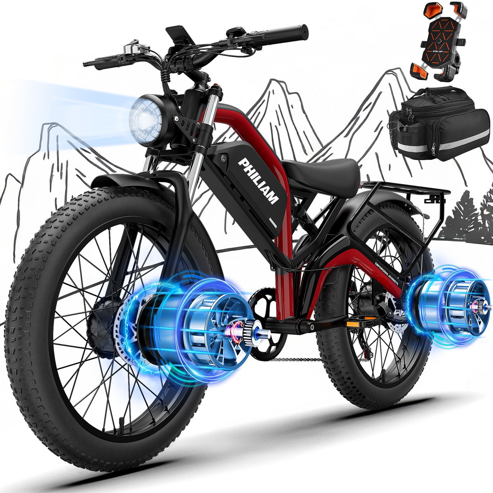 Philiam FX1 52V 32/23AH Battery, 5000W/3000W Peak Dual Motor 26”Fat Tire Full Suspension E-Bike (US)