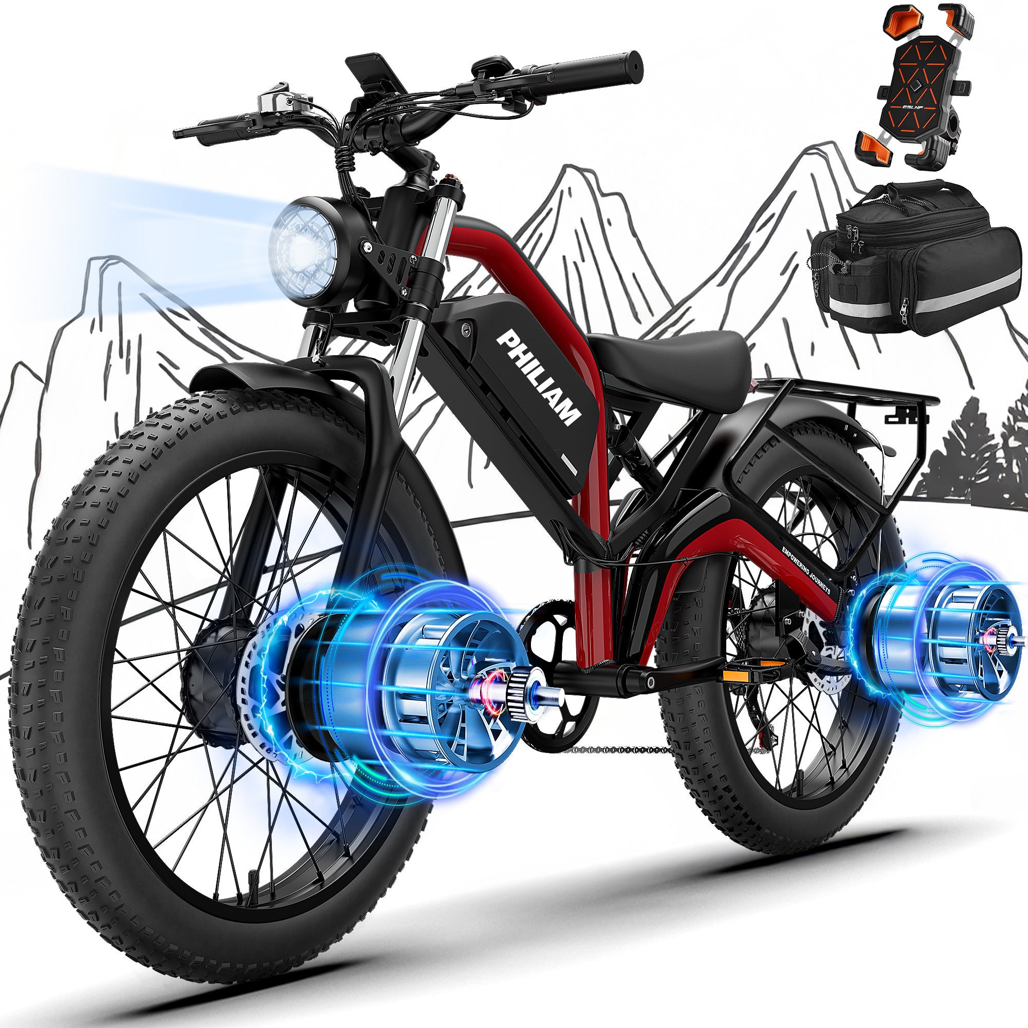 Philiam FX1 52V 32/23AH Battery, 5000W/3000W Peak Dual Motor 26”Fat Tire Full Suspension E-Bike (US)