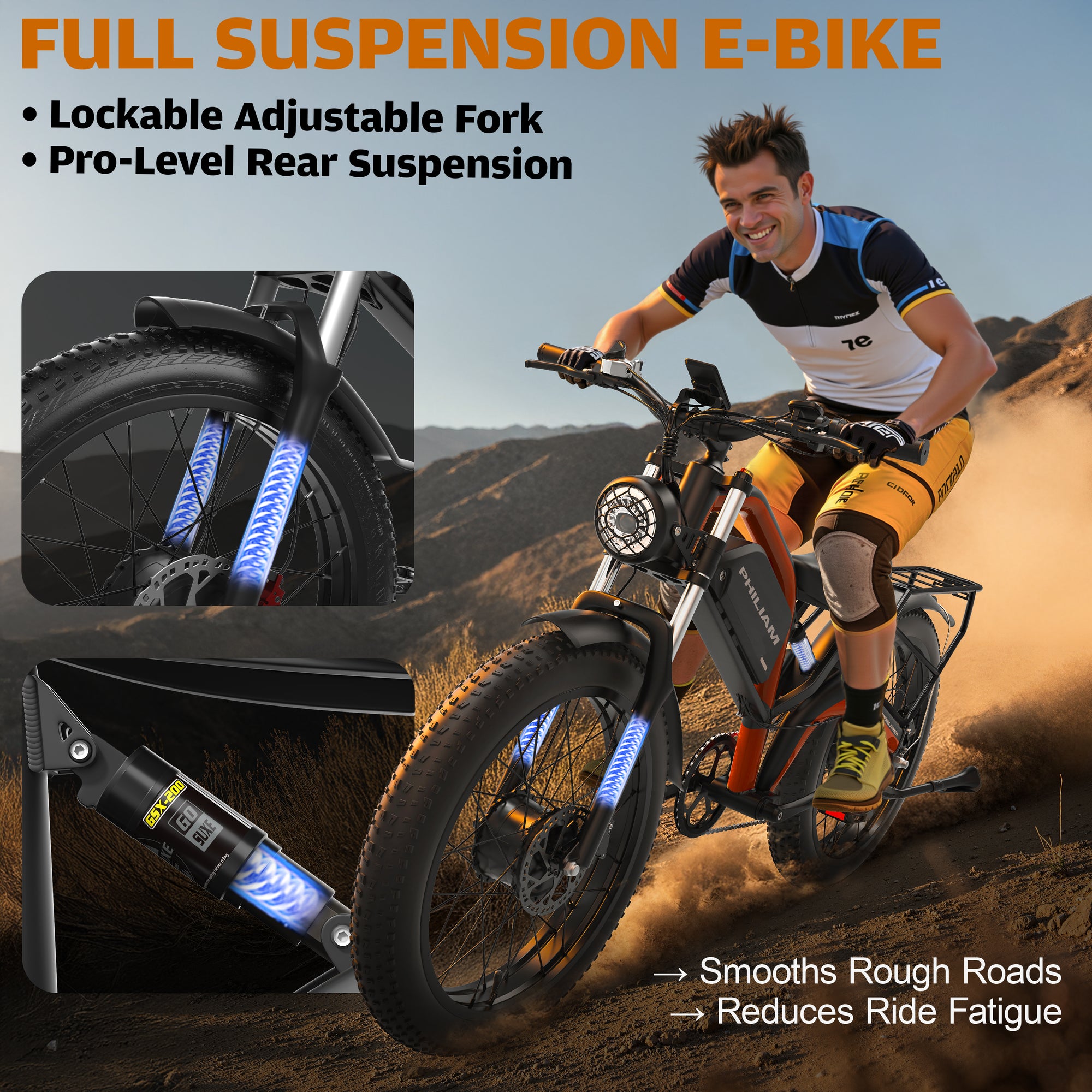 Philiam FX1 52V 32/23AH Battery, 5000W/3000W Peak Dual Motor 26”Fat Tire Full Suspension E-Bike (US)