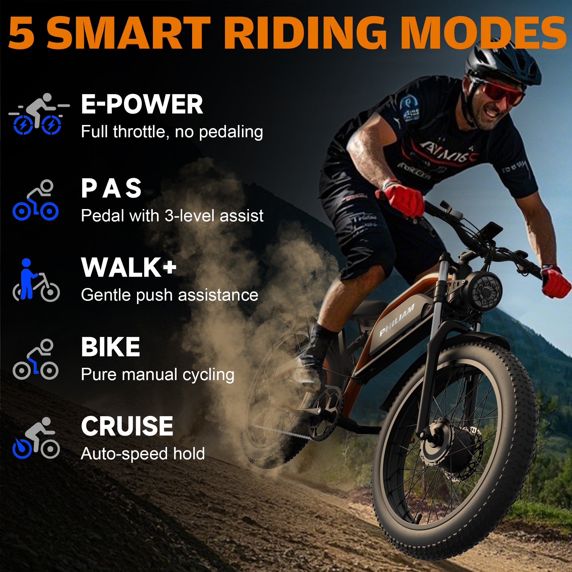 Philiam FX1 52V 32/23AH Battery, 5000W/3000W Peak Dual Motor 26”Fat Tire Full Suspension E-Bike (US) Orange / 5000W / 52V 32AH