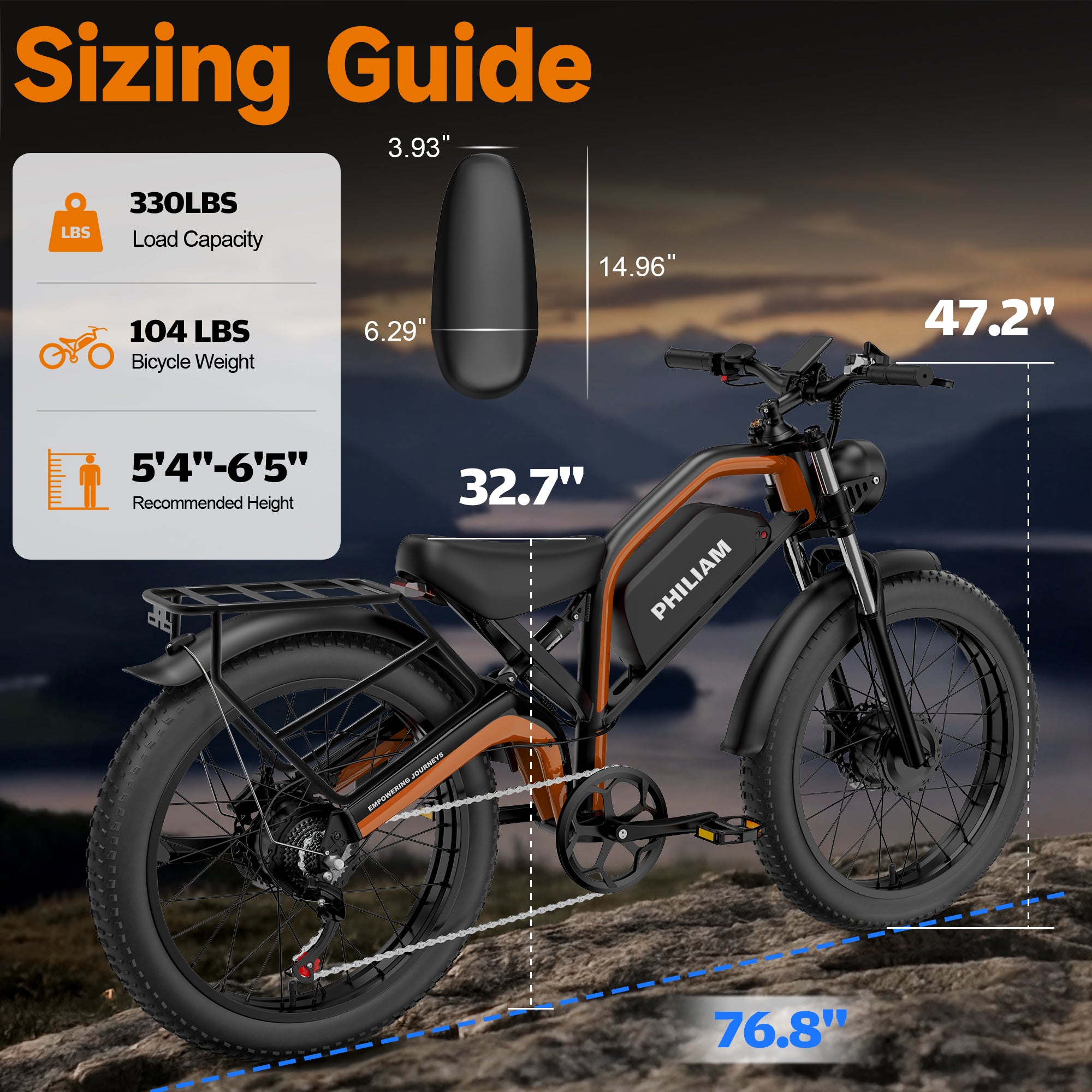 Philiam FX1 52V 32/23AH Battery, 5000W/3000W Peak Dual Motor 26”Fat Tire Full Suspension E-Bike (US)