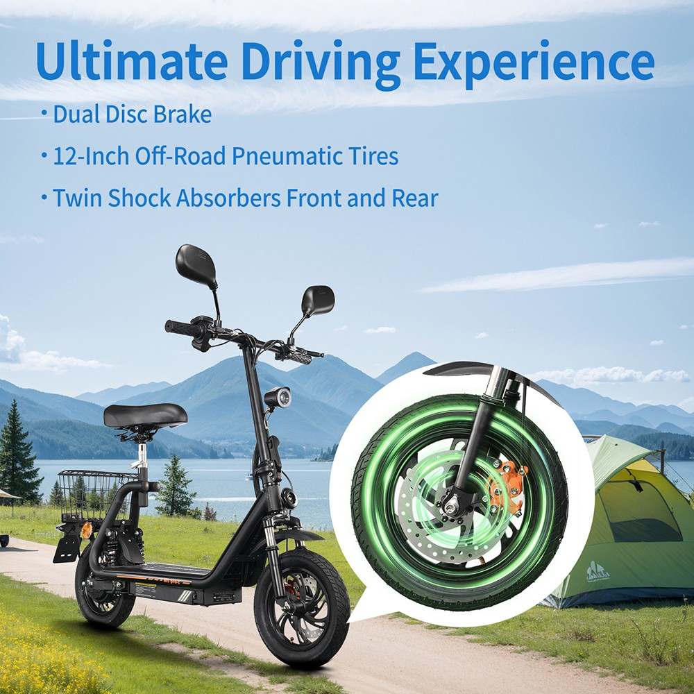 TWOFISH M5 PRO-E Electric Scooter with Seat & Rear Basket – EEC Certified, 500W Motor, 40km/h Speed, 30km Range, Dual Suspension (EU)