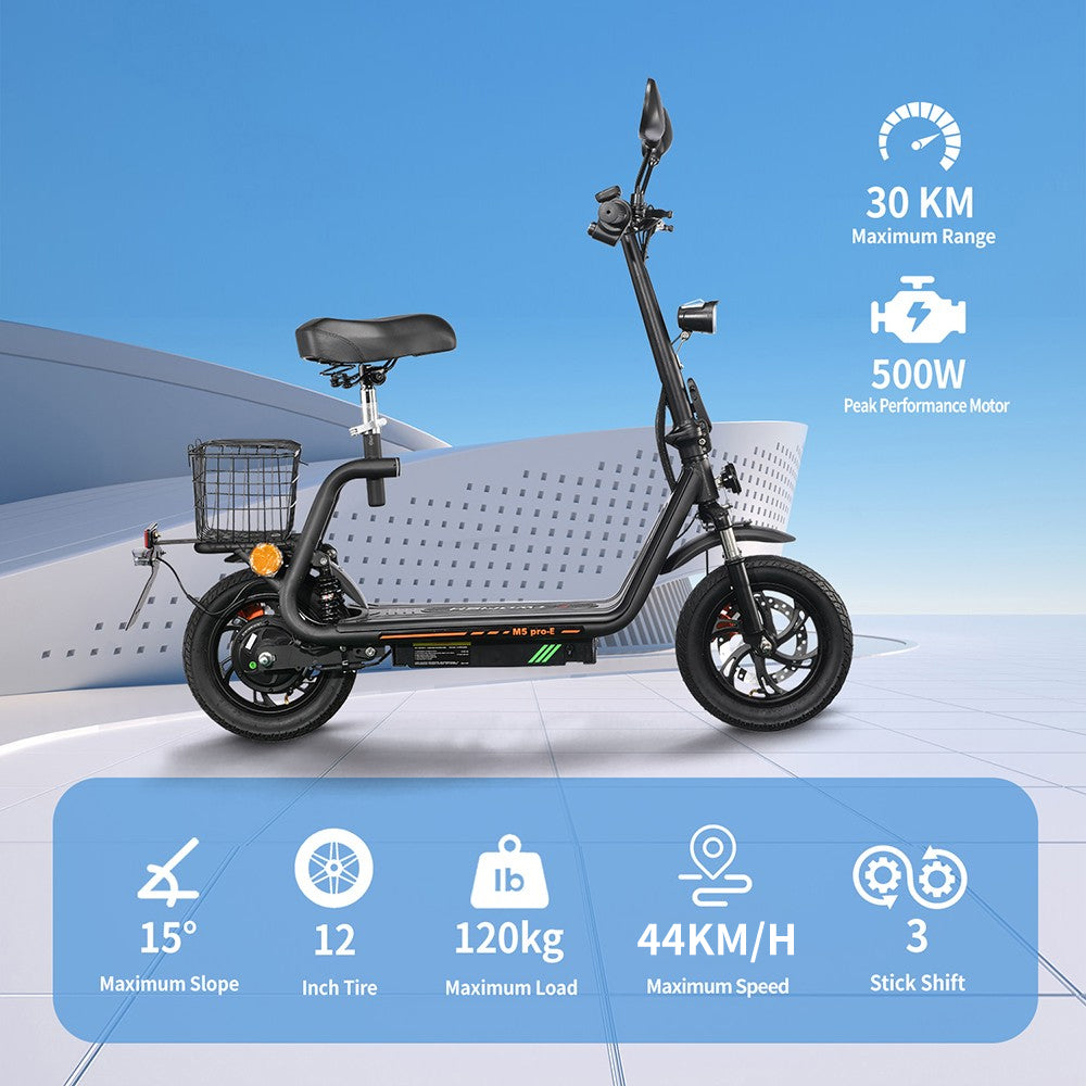 TWOFISH M5 PRO-E Electric Scooter with Seat & Rear Basket – EEC Certified, 500W Motor, 40km/h Speed, 30km Range, Dual Suspension (EU)