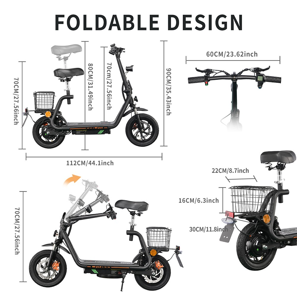 TWOFISH M5 PRO-E Electric Scooter with Seat & Rear Basket – EEC Certified, 500W Motor, 40km/h Speed, 30km Range, Dual Suspension (EU)