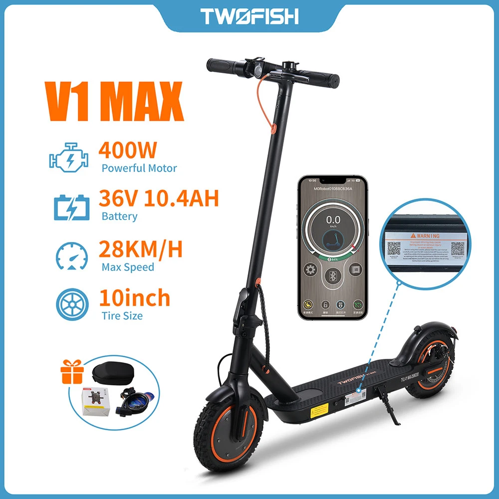TWOFISH V1 MAX Electric Scooter for Commuting – 400W Motor, 28km/h Speed, 20km Range, Lightweight Design (EU)
