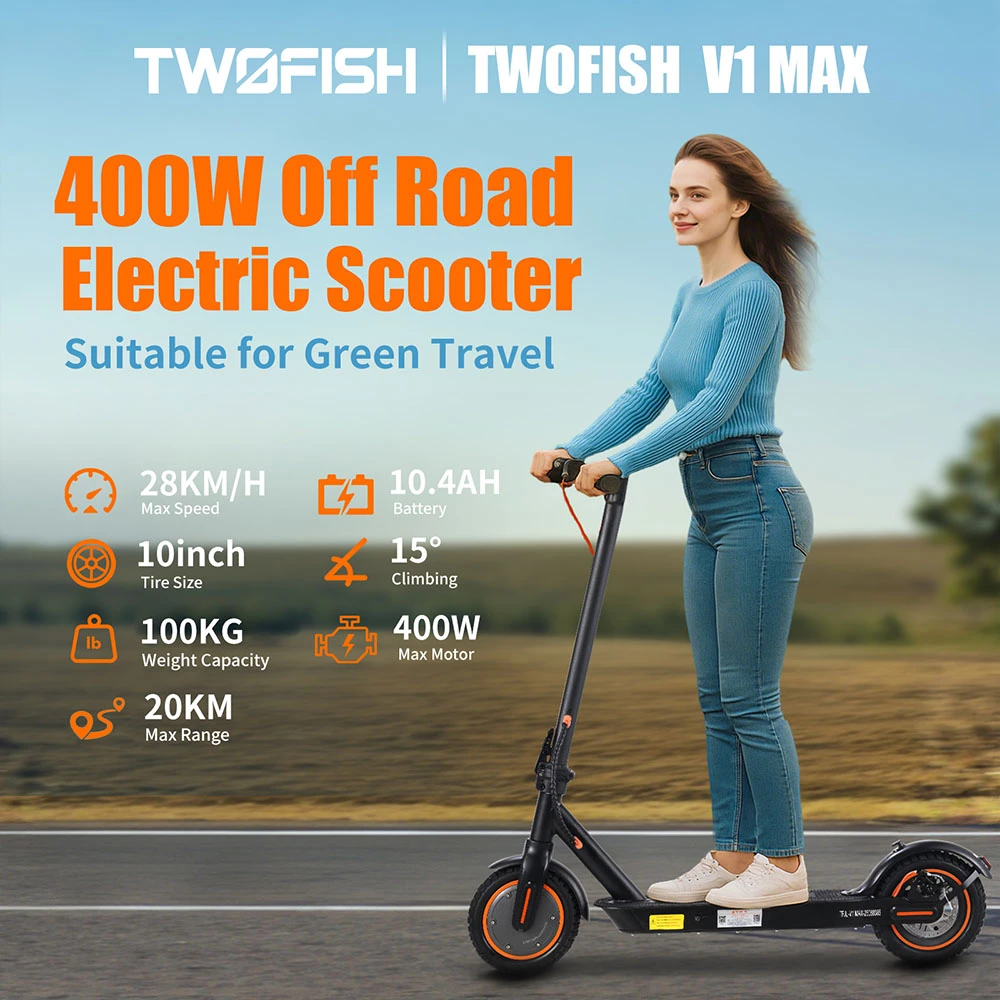 TWOFISH V1 MAX Electric Scooter for Commuting – 400W Motor, 28km/h Speed, 20km Range, Lightweight Design (EU)