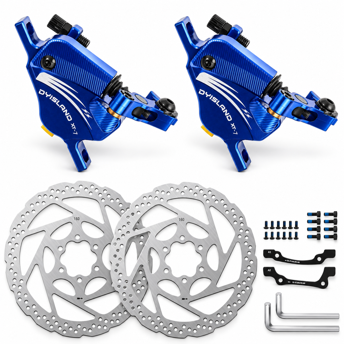 DYISLAND XT-7 Cable-Actuated Hydraulic Disc Brake Caliper Set with 160mm Rotors for MTB/Mountain Bike/E-Bike.