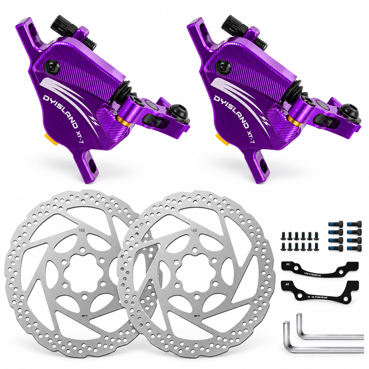 DYISLAND XT-7 Cable-Actuated Hydraulic Disc Brake Caliper Set with 160mm Rotors for MTB/Mountain Bike/E-Bike.