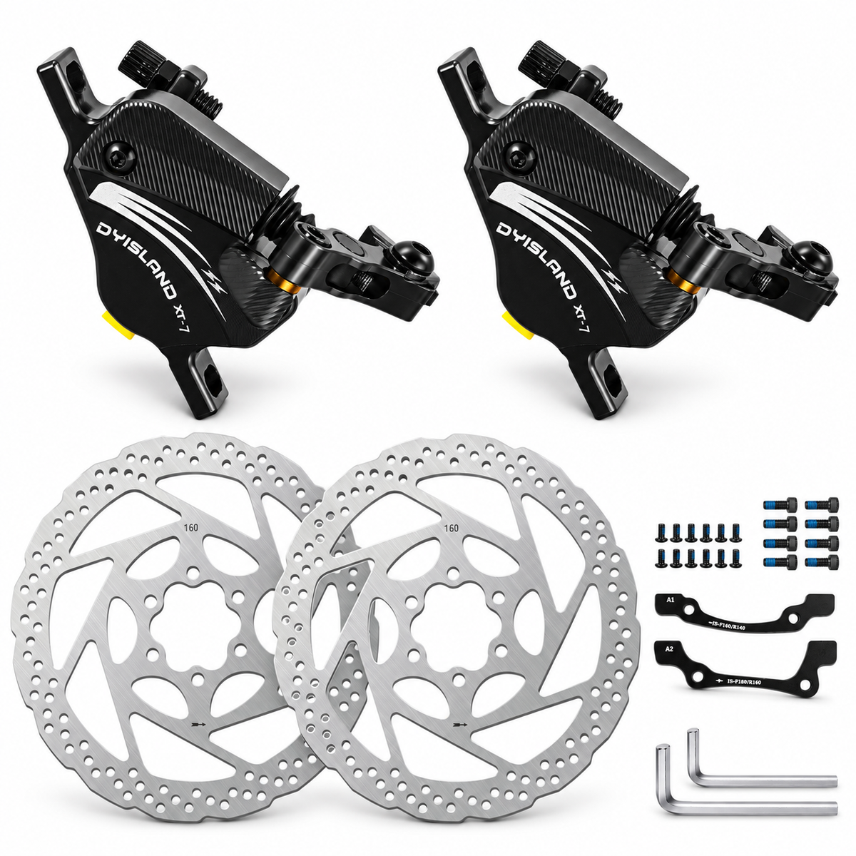 DYISLAND XT-7 Cable-Actuated Hydraulic Disc Brake Caliper Set with 160mm Rotors for MTB/Mountain Bike/E-Bike.