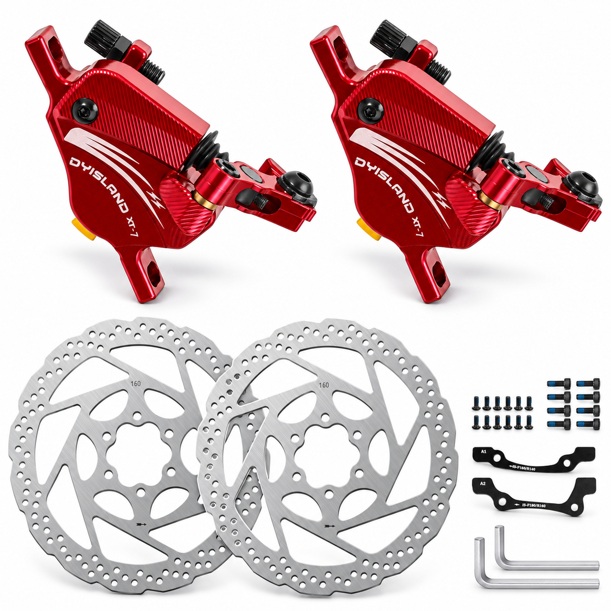 DYISLAND XT-7 Cable-Actuated Hydraulic Disc Brake Caliper Set with 160mm Rotors for MTB/Mountain Bike/E-Bike.