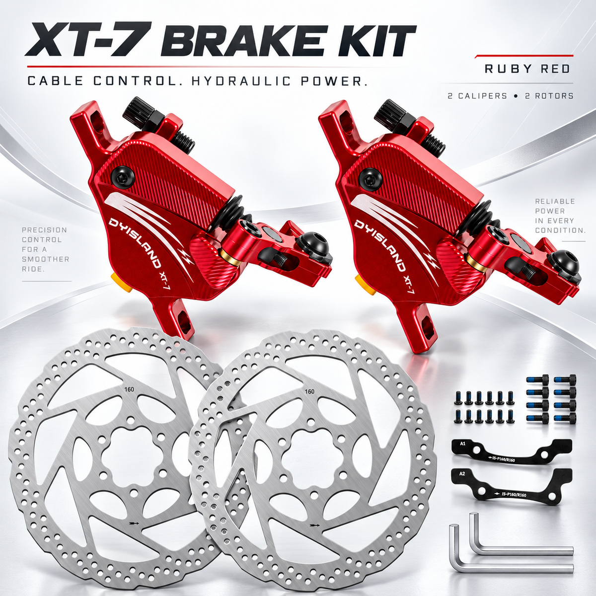 DYISLAND XT-7 Hydraulic Disc Brakes Calipers,Line Pulling/Cable Actuated Front & Rear Brake Calipers for MTB/Mountain Bike/E-Bike.