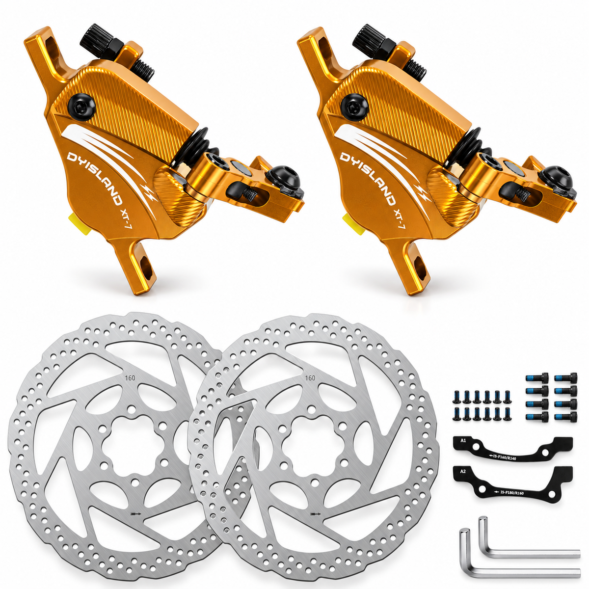 DYISLAND XT-7 Cable-Actuated Hydraulic Disc Brake Caliper Set with 160mm Rotors for MTB/Mountain Bike/E-Bike.